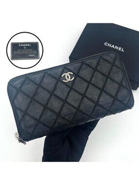 Chanel Quilted Wild Stitch Zip Around Wallet Black